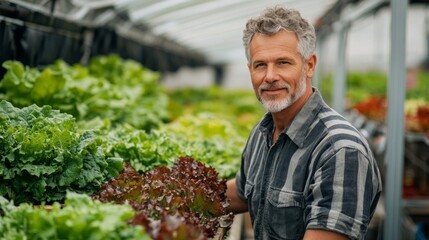 A middle-aged man is inspecting rows of vibrant lettuce in a modern greenhouse. He carefully checks the health of the plants, ensuring optimal growth conditions