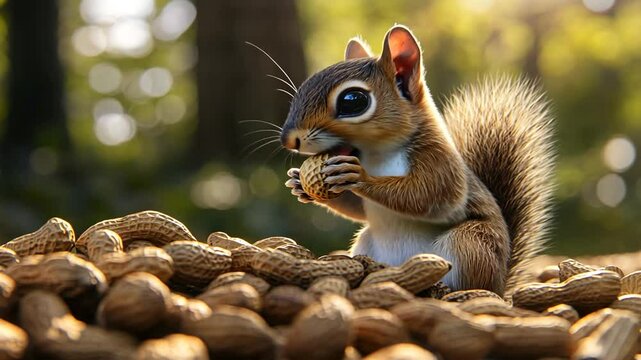 Captivating squirrel feasting on peanuts in lush forest backdrop, wildlife close up
