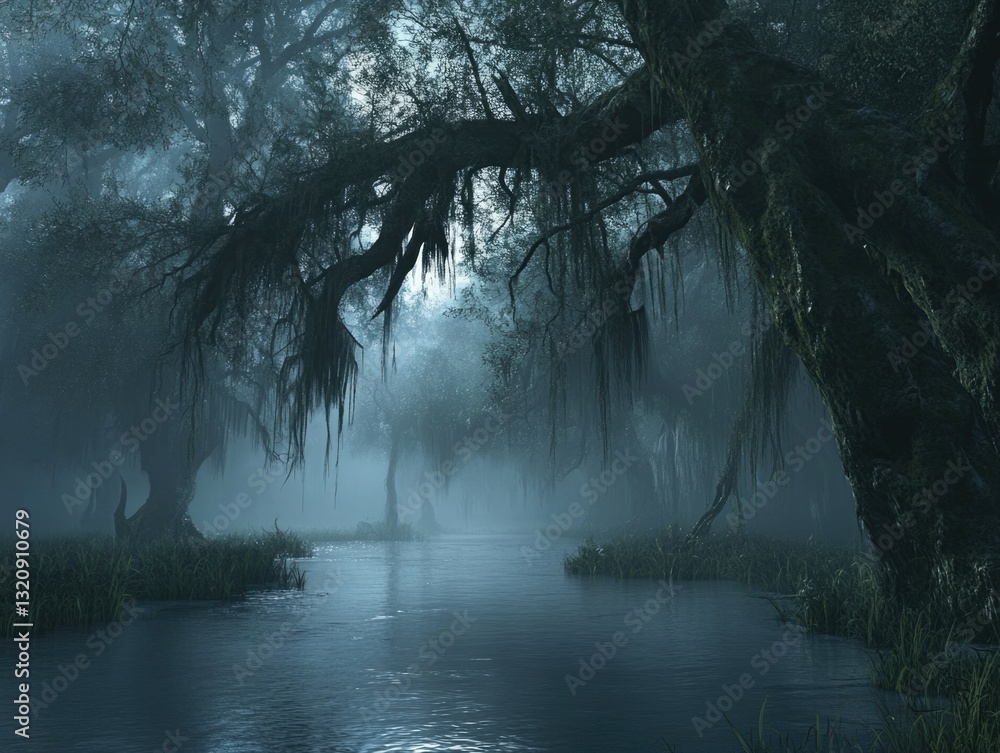 Poster a dense fog fills the swamp, surrounded by tall trees