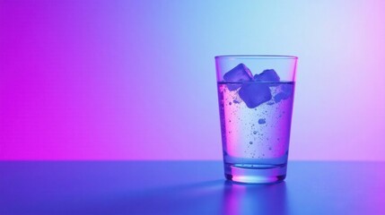 A refreshing glass of sparkling water with ice cubes, illuminated by vibrant purple and blue neon lighting, sits on a smooth surface.