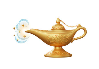 Enchanted Golden Lamp: A 3D Render of a Magical Aladdin's Wish-Granting Oil Lamp with Sparkling Genie Smoke