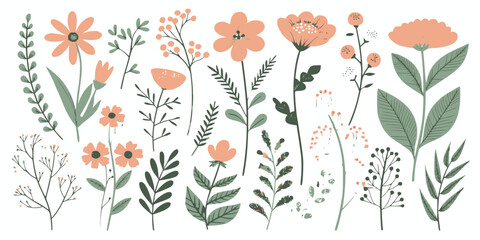 floral background with set-of-spring-and-summer-hand-drawn-flowers