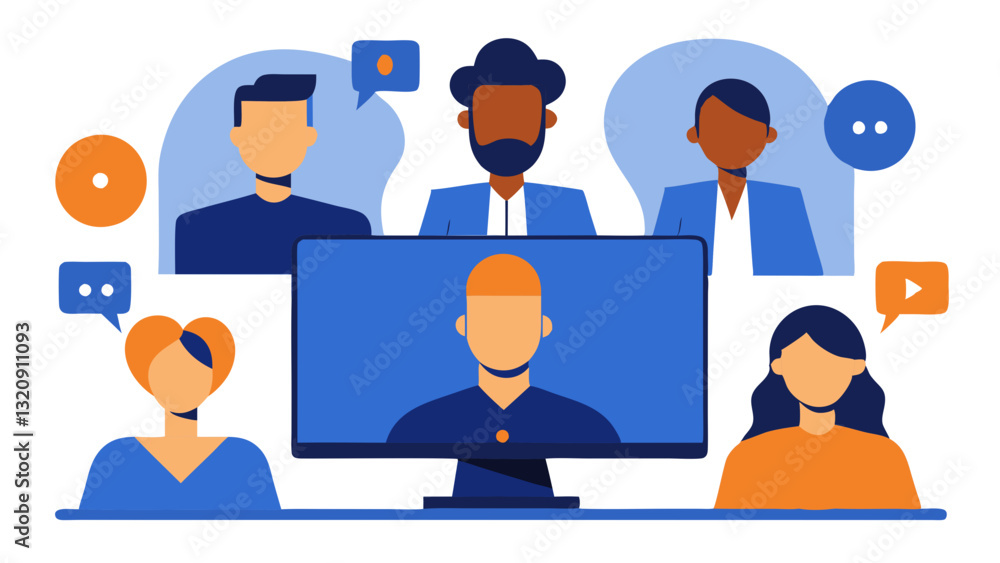 Poster a diverse group of people connected through a video call, with communication bubbles symbolizing dia