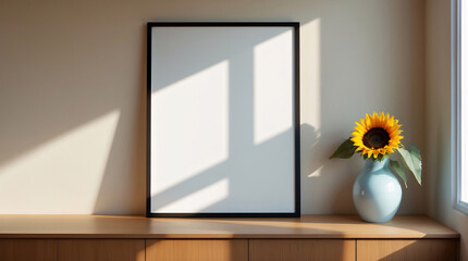 Chic interior design with a blank canvas on wooden furniture and a vibrant vase of yellow sunflowers Interior design inspiration stock photo