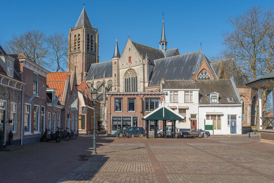 Cityscape of Tholen, Province Zeeland, The Netherlands. View of the reformed church and the historical city center