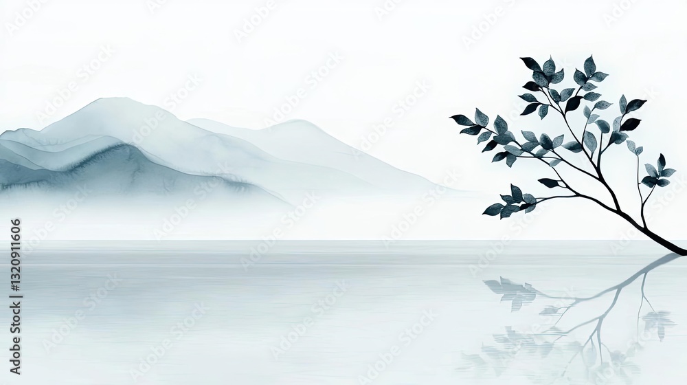 Aufkleber ink illustration abstract background concept. serene landscape featuring misty mountains and a solit