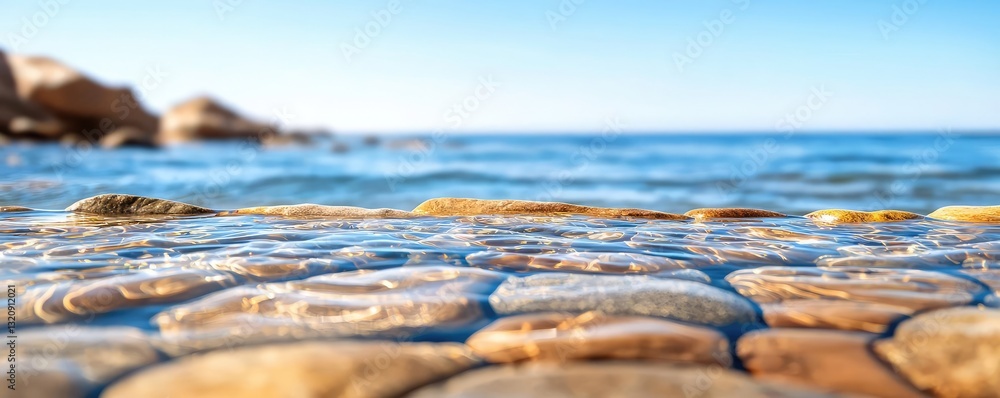 Poster seascape abstract background idea. a serene view of pebbles by the calm ocean with clear blue skies 