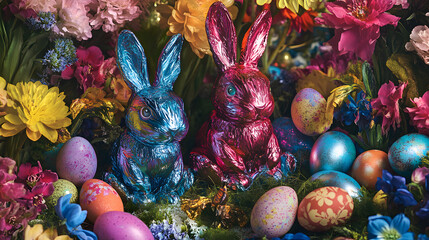 Assorted chocolate Easter bunnies wrapped in bright foil, arranged with colorful Easter eggs and fresh spring flowers to create a festive and joyful holiday scene.