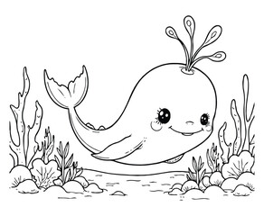Smiling Whale in Ocean Coloring Page