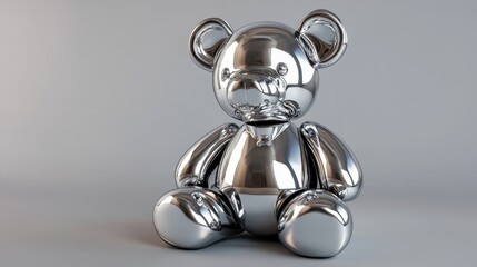 Reflective metallic chrome teddy bear sculpture set against a light grey backdrop, showcasing modern artistry and design innovation in a playful yet sophisticated manner