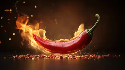 Plexiglas schilderij Hete pepers Fiery chili pepper igniting passion against a warm backdrop, showcasing its vibrant colors and spicy allure in a dramatic display  © Руслан Хайруллин
