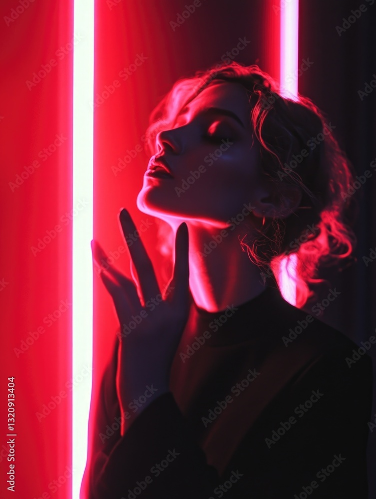 Poster a woman stands at a busy city intersection with a red traffic light in the background