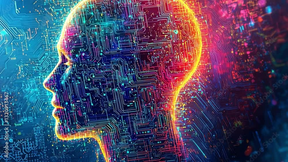 Poster vibrant digital abstract of human head with neon circuit patterns fusion of technology and artificia