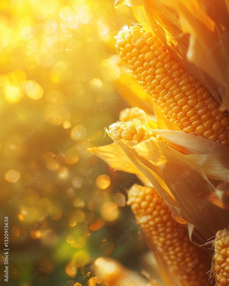 Aufkleber close-up macro shot of ripe corn cobs showcasing vibrant yellow kernels and intricate husk textures 