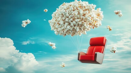 Luxurious popcorn cloud carries a vibrant cinema chair soaring through a clear blue sky, creating a whimsical scene of imagination and adventure