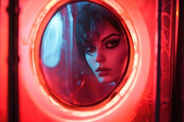 A person looks at their own face in a mirror