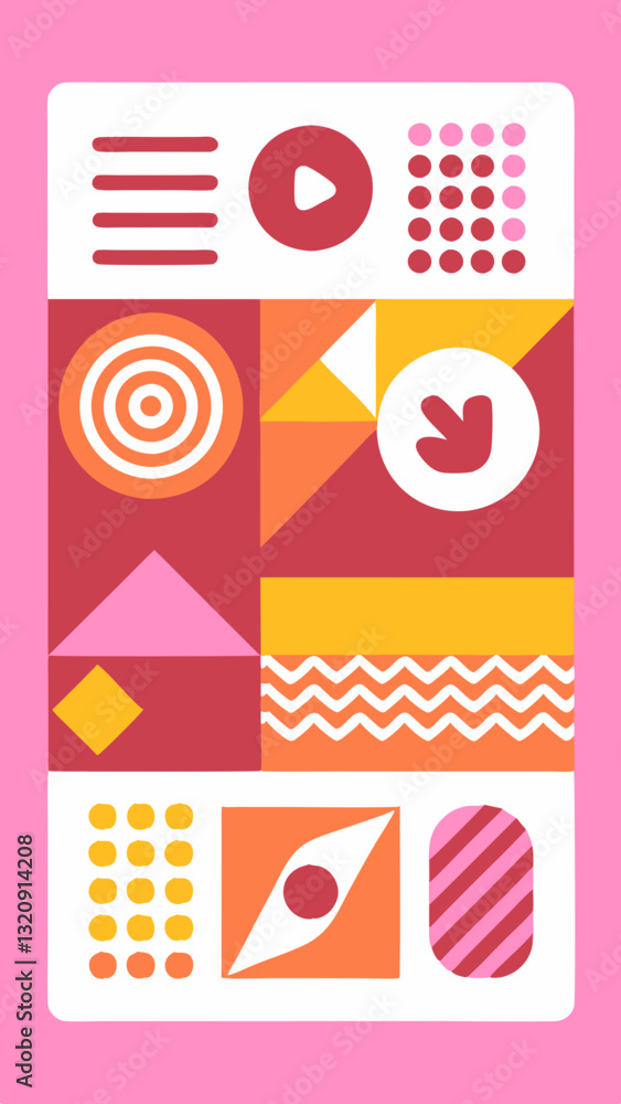 Poster a vibrant abstract design with a variety of geometric shapes and elements. it's a colorful and dynam