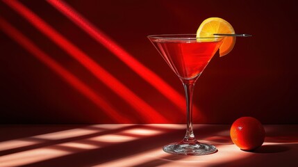 Elegant and vibrant cosmopolitan cocktail illuminated by striking red light in a contemporary kitchen setting