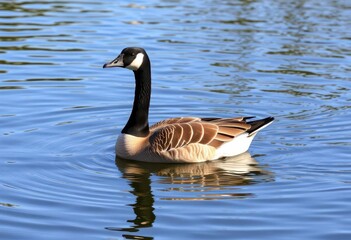 Obraz premium A single goose glides serenely on calm canal water, sunlight reflecting on its feathers, canal, feathers