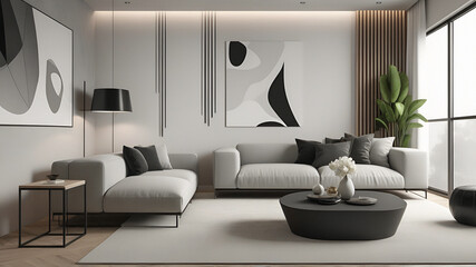 minimalist living room with a monochromatic color palette of black, white, and shades of gray. The space features two contemporary sofas with clean lines, adorned with black and white throw pillows.