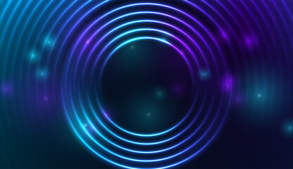 Blue and ultraviolet neon glowing rings abstract tech background. Futuristic vector design