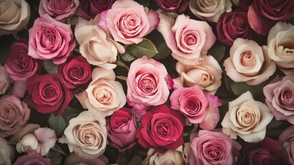 An array of colorful roses create a beautiful floral background display