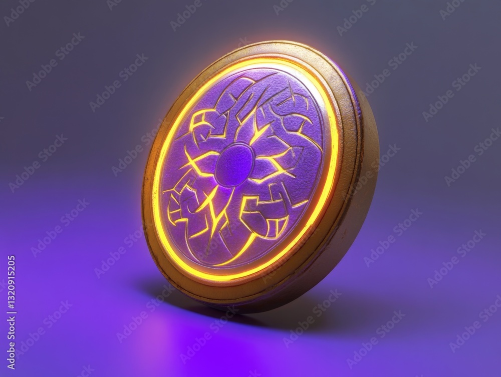 Poster a digital clock with a purple and yellow face sitting on a purple surface, ideal for use in designs 