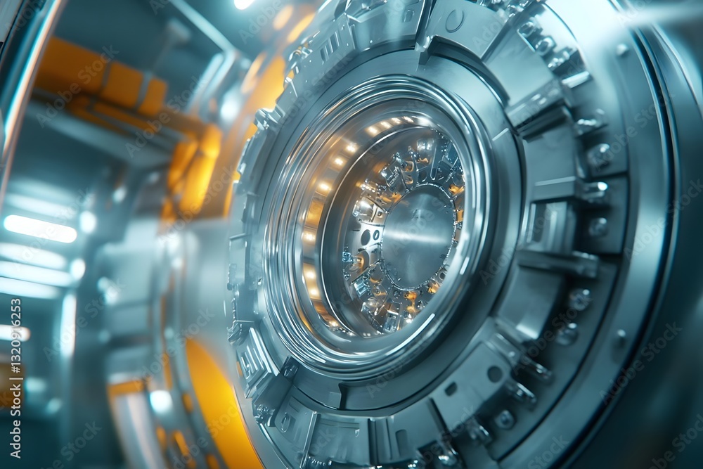 Poster close-up view of a futuristic metallic machinery component with glowing lights and intricate design
