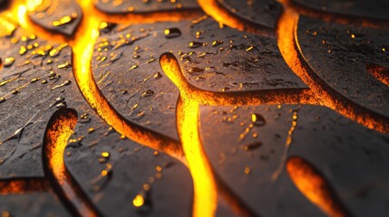 Close-up View of Glowing Lava Flowing Through Cracked Surface with Water Drops Reflecting Light in Dark Environment