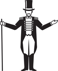 Black and White Illustration of a Formal Ringmaster Holding a Cane with an Outstretched Arm