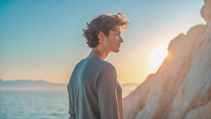 Fototapeta premium Man Enjoying Scenic Ocean Sunset View