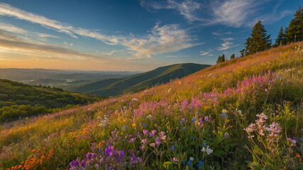 Fototapeta premium Sunset Over Rolling Hills and Flower Fields