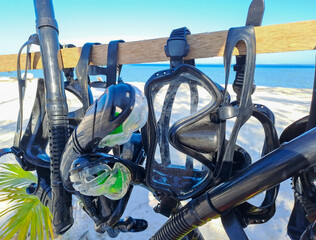 Rental snorkels hanging at a shop or service for tourist on the Sea 