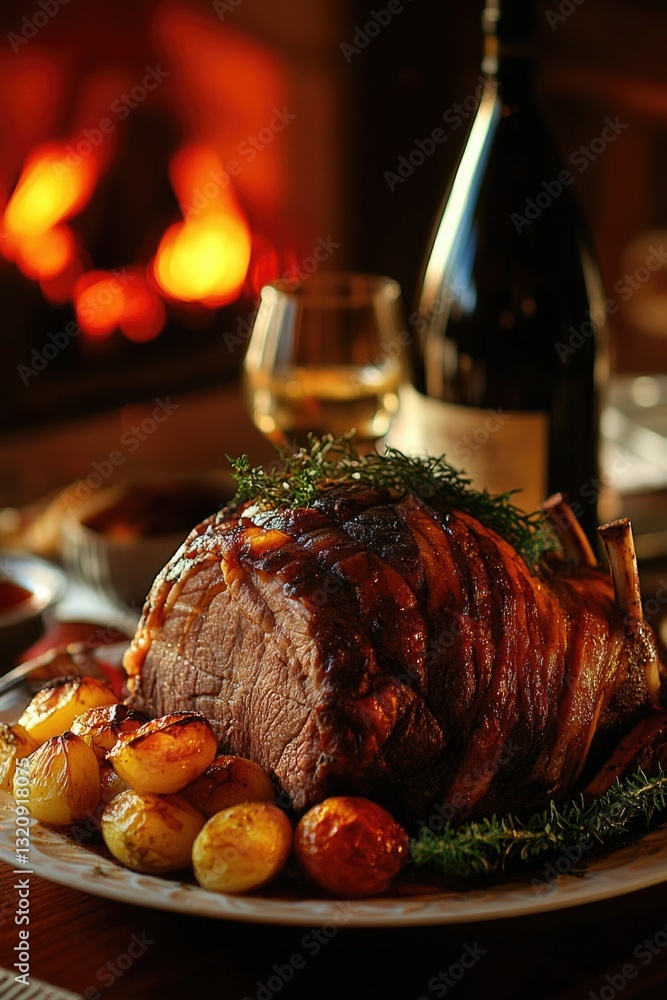 Poster A plate of cooked meat and potatoes served on a table with a simple background