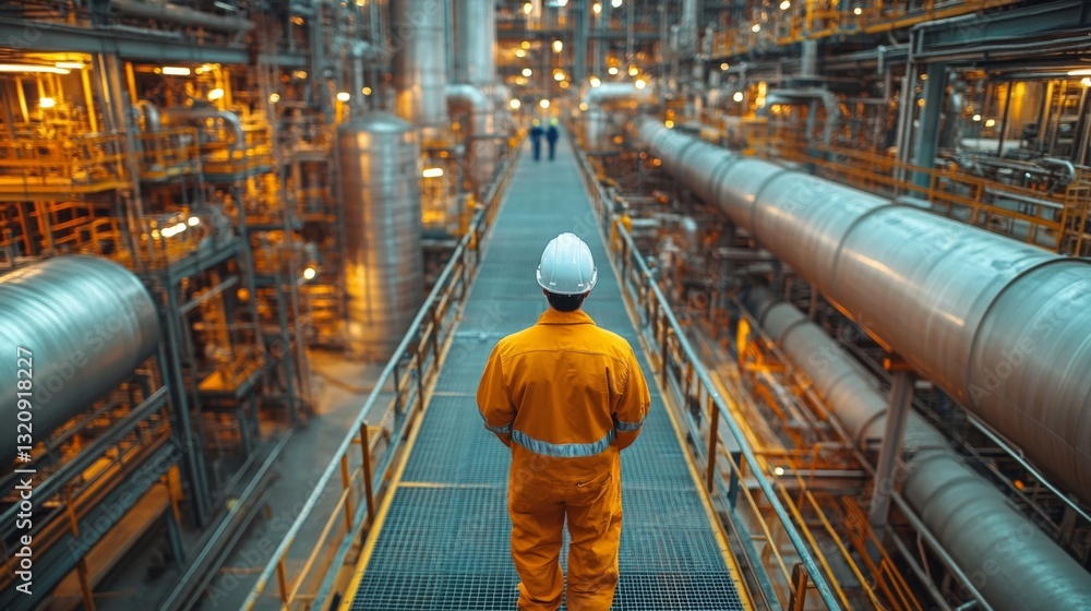 Poster a worker in an orange jumpsuit and hard hat stands on a catwalk, observing intricate machinery and p