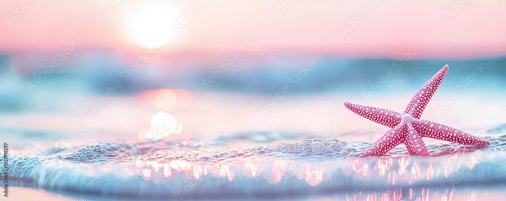 Aufkleber seascape abstract background idea. a serene beach scene featuring a pink starfish on gentle waves at