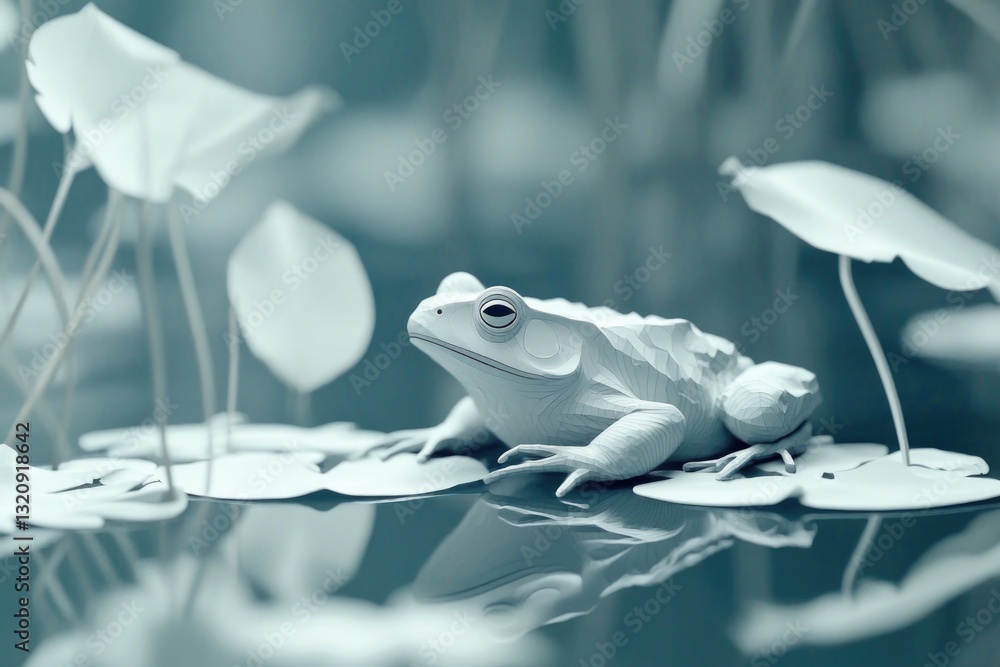 Poster a frog sits on the surface of a calm pond, looking around