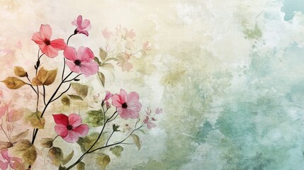 Delicate watercolor painting showcasing beautiful pink flowers and leaves