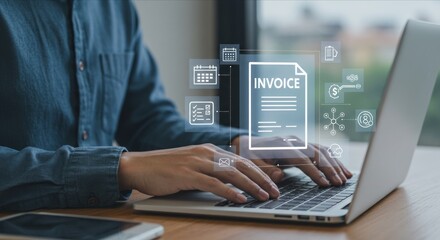 Hands-on laptop with invoice, and business icons.