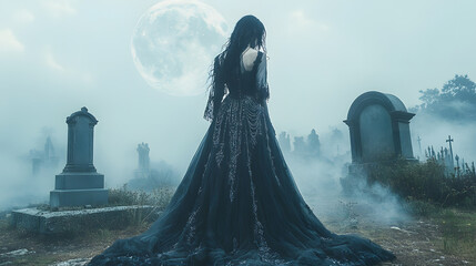 A striking photography of a gothic fashionista wearing a floor-length velvet dress adorned with silver chains and intricate embroidery, standing in front of a misty, moonlit cemetery.