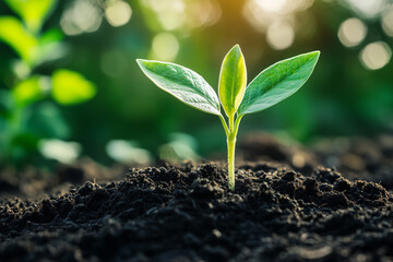 A young plant emerges from the soil, its tender leaves reaching toward the light.  