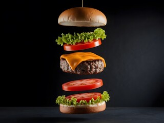 A deconstructed burger where ingredients are suspended in mid-air, defying gravity, with cinematic lighting on a deep black backdrop.