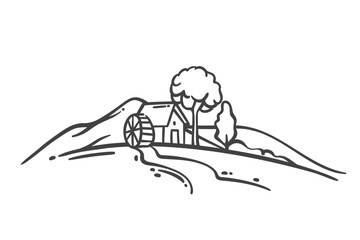 Old water mill on river in summer countryside landscape line icon. Outline hand drawn retro rustic house with wheel. Vintage farm village equipment mascot, medieval water mill icon vector illustration