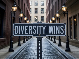A distressed black street sign with Diversity Wins in bold white letters, standing on a cobblestone alleyway lit by vintage lanterns