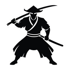 Ninja Silhouette with Folk Art Decorations, Black and White Cutout Illustration of a Stealthy Warrior with Dagger