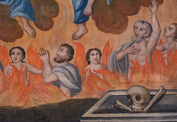 Pégomas, FRANCE - 03-05-2025: Fresco (19th century) of angels delivering souls from purgatory.