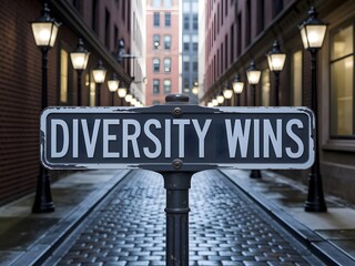 Obraz premium A distressed black street sign with Diversity Wins in bold white letters, standing on a cobblestone alleyway lit by vintage lanterns