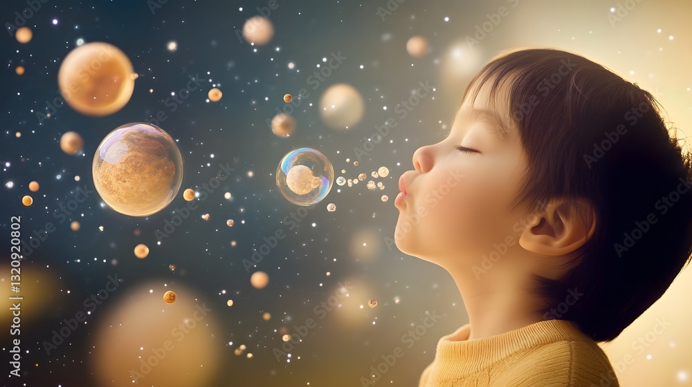 Poster a young child blowing bubbles that transform into tiny floating planets filled with miniature civili
