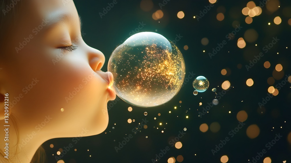 Poster a young child blowing bubbles that transform into tiny floating planets filled with miniature civili
