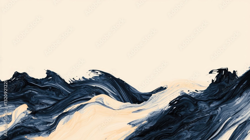 Poster Ink illustration abstract background concept. Abstract waves of blue and cream tones, creating a serene and dynamic visual effect.